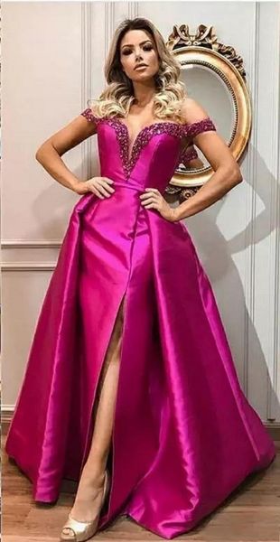 

custom made fuchsia satin evening dresses train off shoulder beads sequin front side split celebrity prom dresses party gowns, Black;red