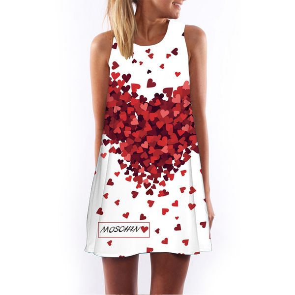 

New Fashion Creative Women Summer Mini Dress Sleeveless Heart Print Above Knee Short Casual Beach Dresses