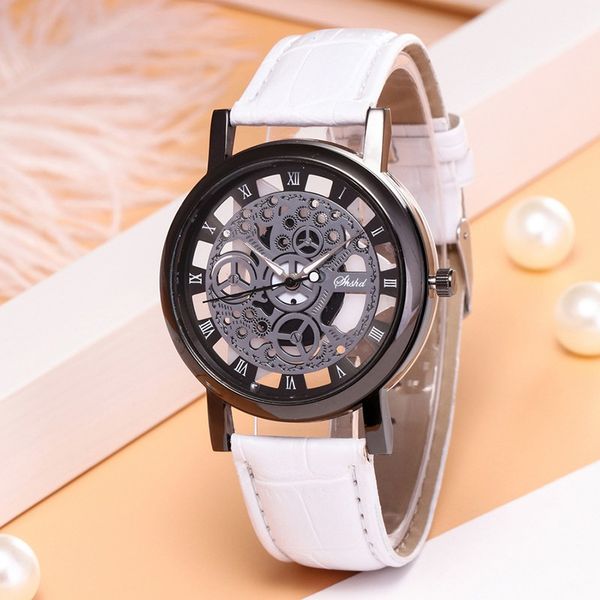 

fashion hollow pu belt lovers watch luxury round easy to read watch is not waterproof, Slivery;brown