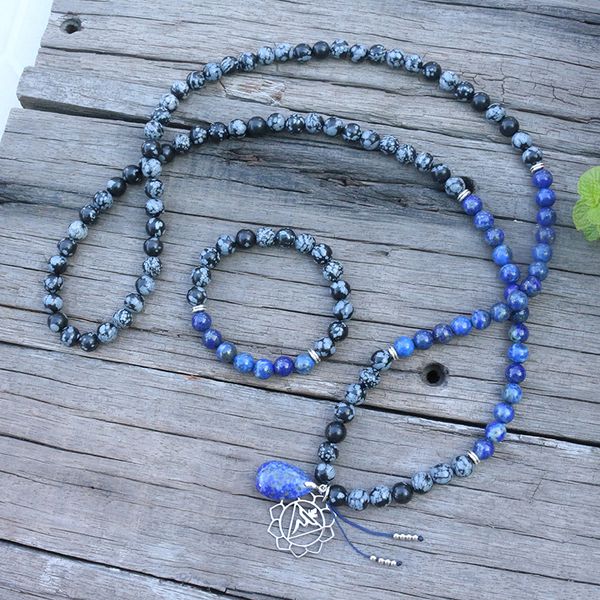 

8mm natural stone beads, lapis,snowflake obsidian,chakra,japamala sets,spiritual jewelry,meditation,inspirational,108 mala beads, Silver