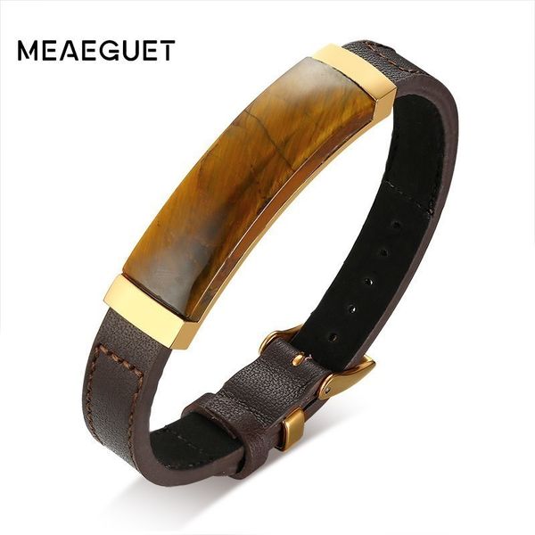 

99% men leather genuine bracelet brone color with tiger eye stone adjustable length luxury male bangle 8.7, Golden;silver