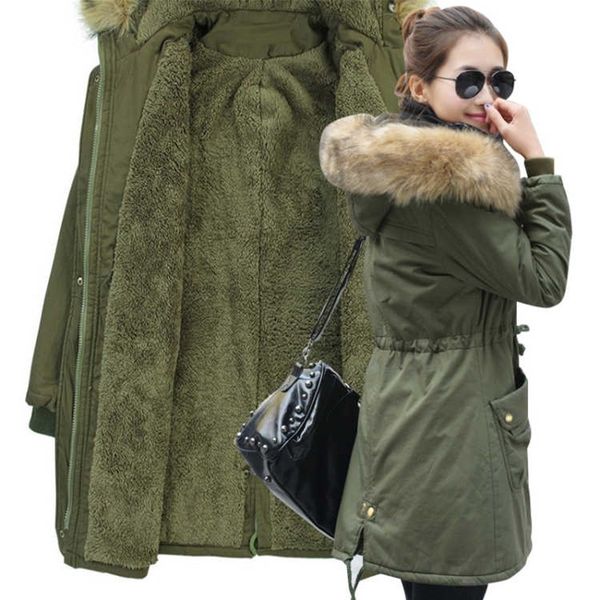 

fashion autumn warm winter jackets women fur collar long parka plus size lapel casual cotton womens outwear park 2019, Tan;black