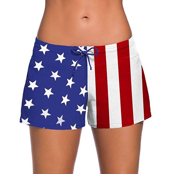 

2019 summer women's shorts swimming american independence day american flag stitching print casual shorts biker, White;black