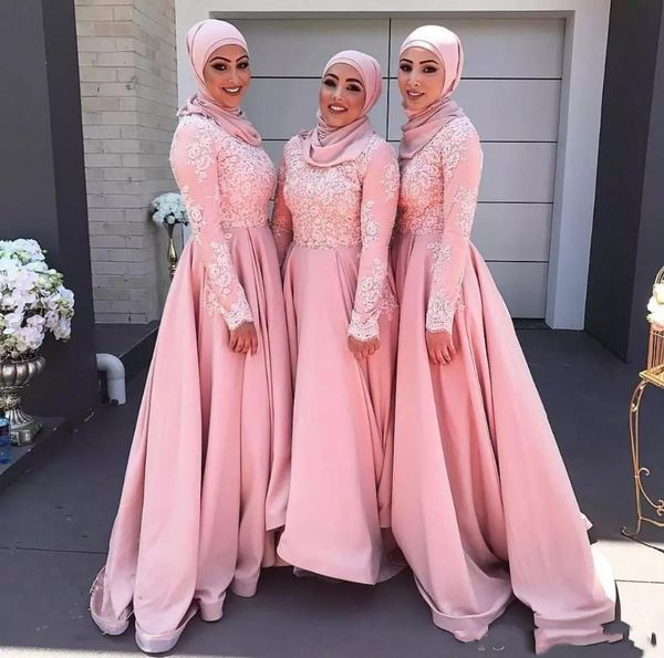 Rosa Brautjungfernkleider aus Saudi-Arabien, mit Applikationen, langärmlig, muslimisches Abendkleid, Spitze, A-Linie, Partykleider, lange formelle Kleider, Abschlussballkleidung
