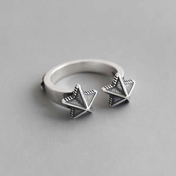 

8.5mm ретро урожай аутентичные fine s925 sterling silver jewelry двойная звезда диапазон кольцо открытой регулировка tlj774, Golden;silver