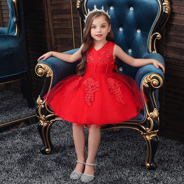 

children wedding dress princess dress girls sleeveless handmade beaded bracelet catwalks performance puffy, Red;yellow