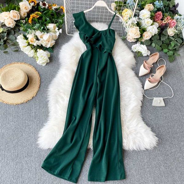 

2020 vintage one shoulder ruffle high waist wide leg playsuits women summer beach party casual black/blue/green rompers female, Black;white