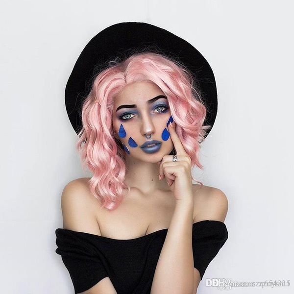 

european and american ladies wig pink short curly hair small wave volume fluffy chemical fiber front lace wig headgear, Black