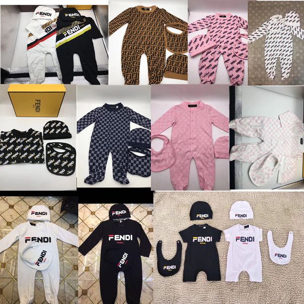 

ff letter fends brand baby romper infant jumpsuit + hat + bib 3 pieces set boys girls long sleeve designer bodysuit cotton clothing c9301, Blue