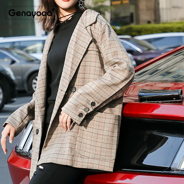 

genayooa vintage blazer women plaid jacket loose long sleeve coat for women female blazer office ladies with double breasted, White;black