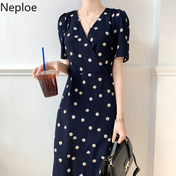 

neploe daisy print dress women fashion v neck short sleeve ladies vestidos summer 2020 elegant slim waist female dresses 1a1418, Black;gray