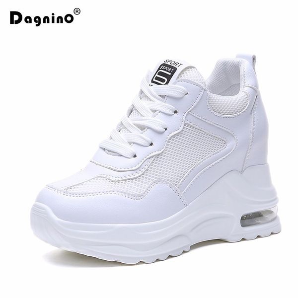 

2019 summer women sneakers mesh casual platform trainers white shoes 9cm heels wedges breathable woman height increasing shoes mx190723, Black