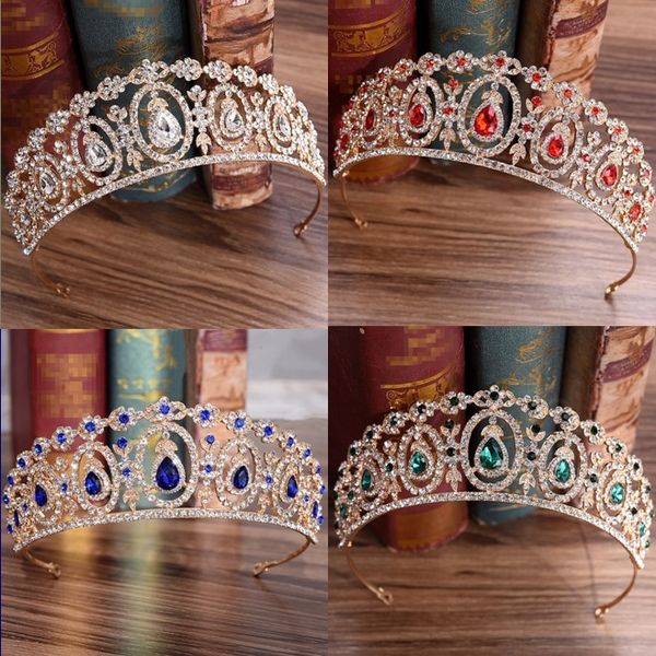 

Baroque Vintage Gold Tiaras And Crowns Handmade Red Blue Green Crystal Rhinestone Bridal Hair Accessories Wedding Queen Diadems