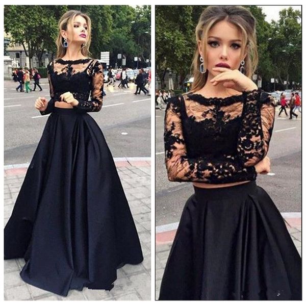

2019 modest lace long sleeves black a-line prom dresses two pieces formal long women evening party gowns special occasion party gowns