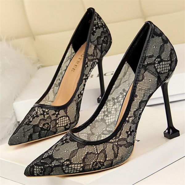 

women summer lace wedding dress high heels pointed toe single shoes fashion female breathable mesh pumps ladies stilettos, Black