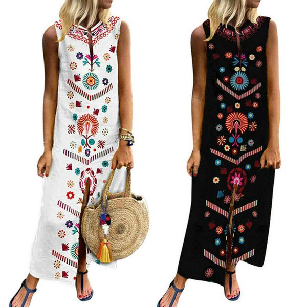 

women summer women party sleeveless boho print casual kaftan maxi long dresses new national stylish dress, Black;gray