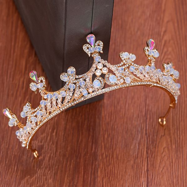 

baroque crystal pearl tiara wedding crown diadem hair jewelry gold bridal tiaras and crowns headdress wedding hair accessories, Golden;white