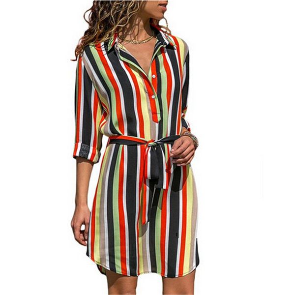 

women's colorful striped short mini dresses 2018 ladies long sleeve casual loose party dress autumn lapel dress with sashes, Black;gray