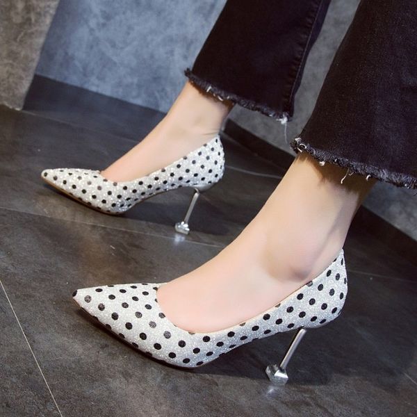 

2020 black polka dot high heels women shoes pumps spotted elegant office lady stiletto woman shoes mujer chaussure femme y22-36