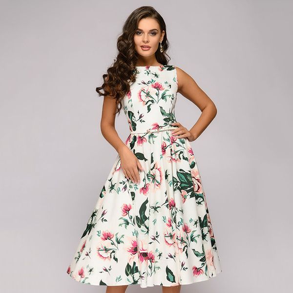 

elegant white print mid-calf dress women's 2019 summer a-line round neck casual sleeveless dress party dress(no belt, Black;gray