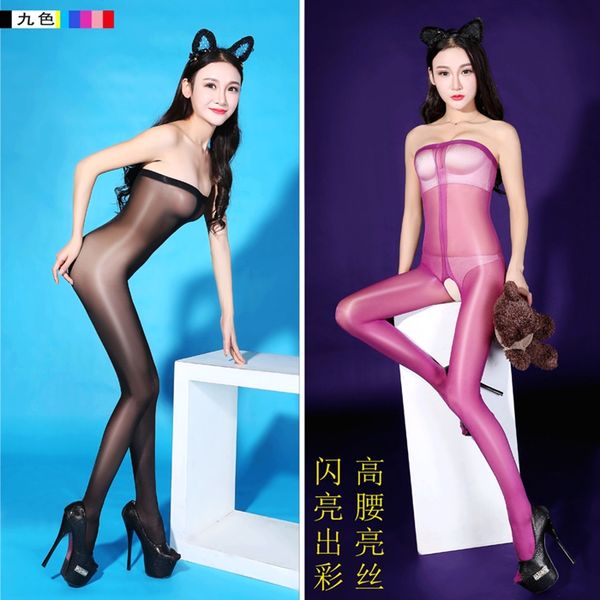 

new candy colors plus big high waist shiny glossy oil stocking open crotch bodysuit pantyhose tight erotic lingerie 10, Black;white