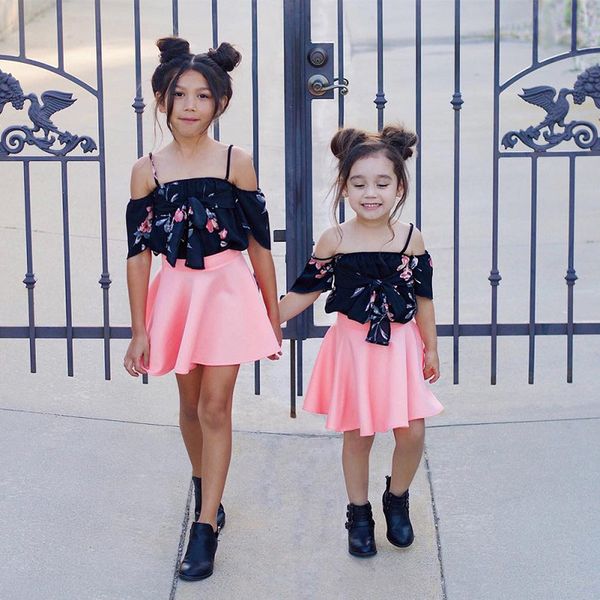 

ins baby girls floral print bowknot off shoulder +pink skirt 2pcs set suit summer clothing set outfit, White
