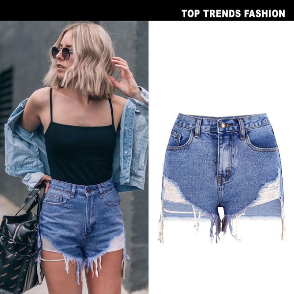 

denim women shorts high waists fur-lined leg-openings plus size short jeans jeans femme, Blue