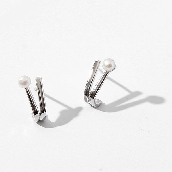 

double-layer design silver color imitation pearls stud earrings 925 simple geometric earring for women girl gift fashion jewelry, Golden;silver