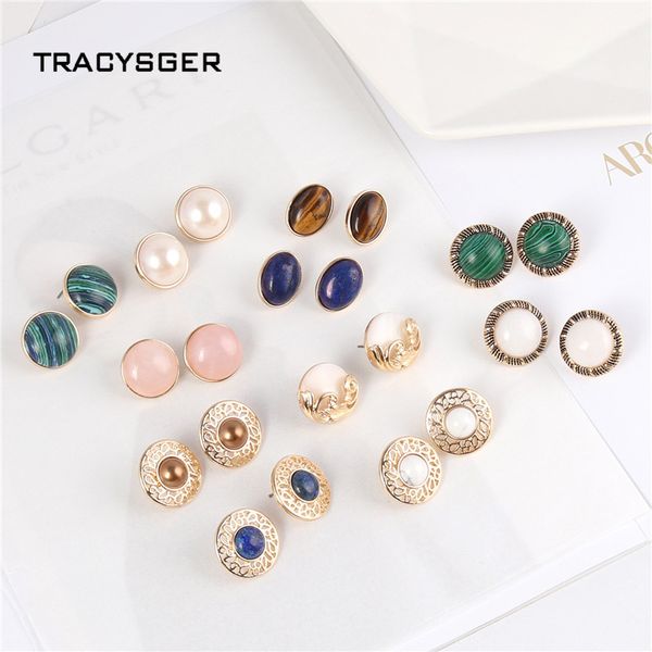 

ae-er84809 /tracysger/ european and american jewelry round natural stone exquisite multicolor beautiful earrings, Golden;silver