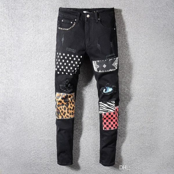 

2020 men's hip-hop jeans, european and american leopard-printed small holes, stitched printed jeans, Blue