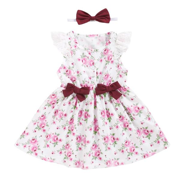 

summer 1-5years kid baby girls dress print cotton flower lace sleeveless ruffle dress with headband 2pcs toddler newborn clothes, Red;yellow