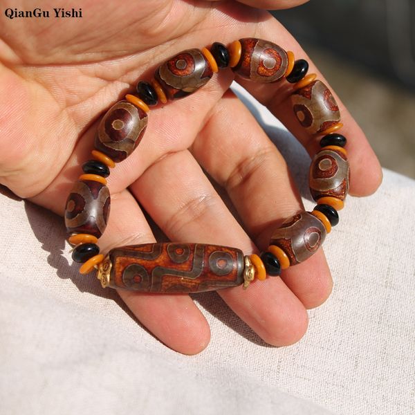 

authentic natural nine eyed agates beads bracelets with dzi bead evil eye for women/man vintage tibetan original design, Black