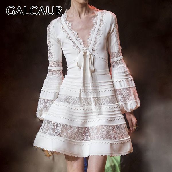 

galcaur elegant lace patchwork women dress v neck lantern sleeve high waist bandage slim mini dresses female fashion 2019 summer, Black;gray