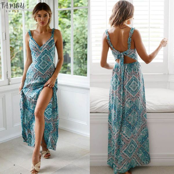 

ladies women floral long maxi dress summer party beach v-neck backless dresses strap tie-up dress casual long sundress, Black;gray