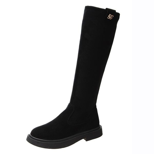 

black solid suede long tube strench boots lady round toe winter below kneeth slip on flat with booties flock punk biker boots