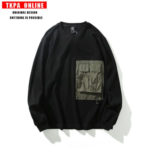 

японский ретро с длинными рукавами т мужской прилив бренд шить мульти-карман функция ветер тонкий срез свободные круглый вырез свитер мужчин, Black