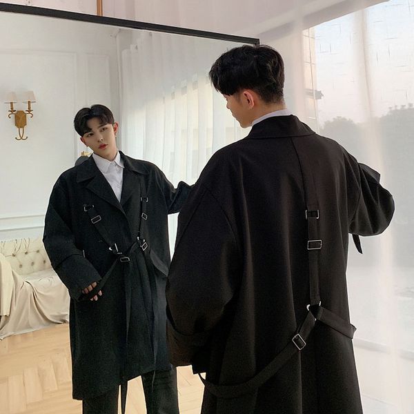 

2020 men high street punk hip hop ribbon loose long trench coat spring autumn male streetwear fashion windbreaker jacket, Tan;black