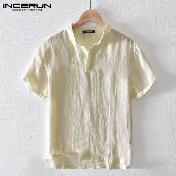 

men cotton shirt solid color short sleeve turn down collar 2020 casual blouse streetwear chic camisa harajuku incerun 3xl, White;black