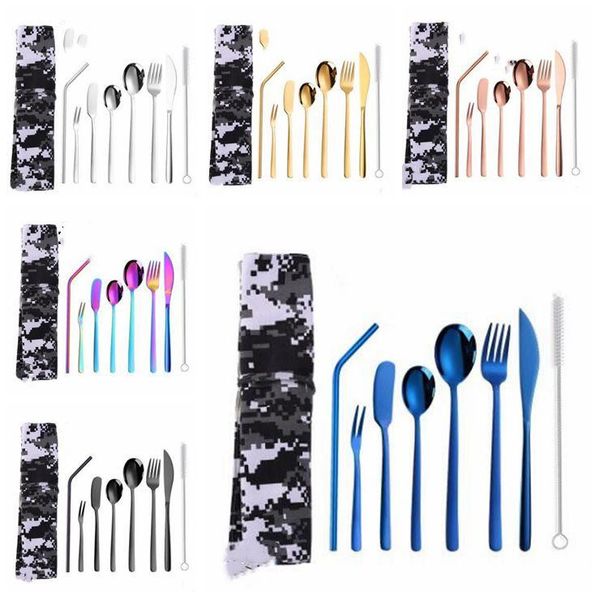 

stainless steel flatware sets portable dinnerware tableware set knife fork spoon straw with camouflage bag outdoor cutlery set lxl928-1