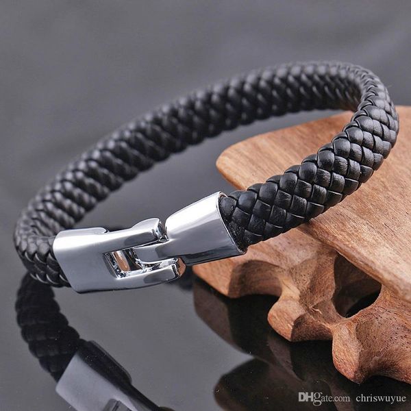 

handmade braided pu leather link chain fashion men bangle & bracelet jewelry black silver