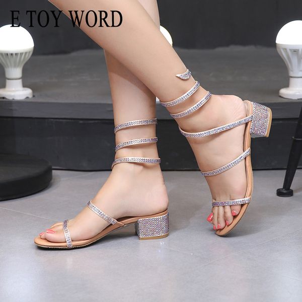 

e toy word snake-shaped winding sandals 2020 new women summer rhinestone open toe sandals thick heel roman women shoes t200529, Black