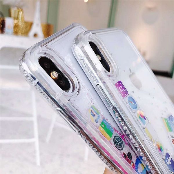 

cute apps icon emoji liquid glitter quicksand case for iphone 11 pro max 6 6s 7 8 plus hard cover for iphone x xr xs max fundas
