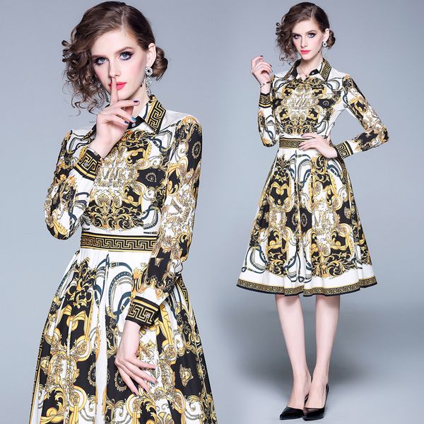 

baroque print luxury vintage dress plus size long sleeve lapel neck ladies runway shirt dresses classic casual slim office designer dress, Black;gray