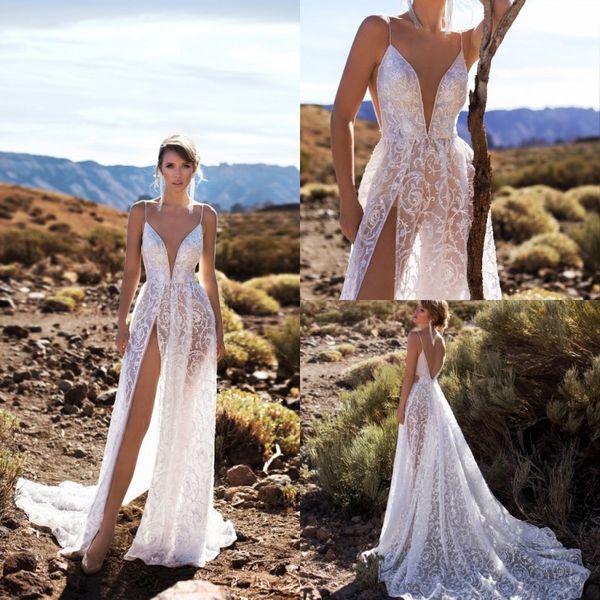 

spaghetti deep v neck wedding dresses with high slit lace sequined boho wedding gowns backless beach vestido de novia, White