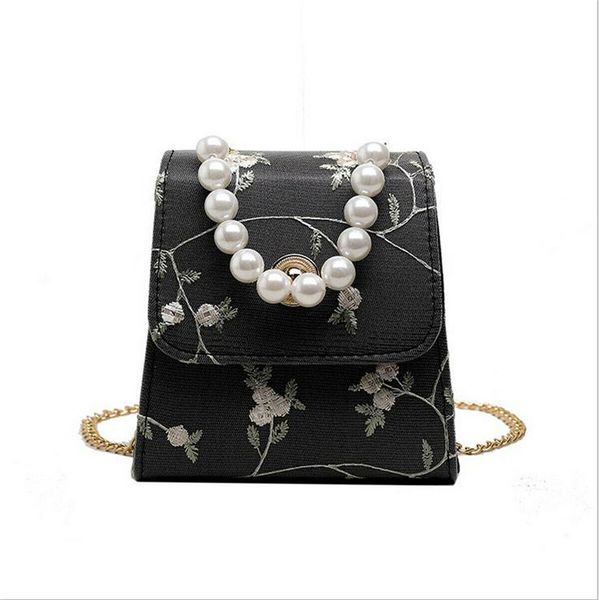 

new women bag lovely princess chain messenger shoulder bag for lady fashion flower pearl leather square bags casual