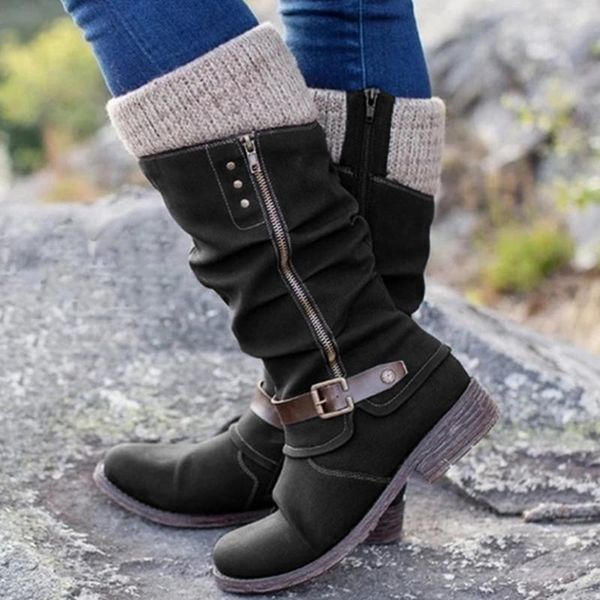 

winter boots women leisure zipper mixed colors flat heels large size high boots shoes casual retro zapatos de mujer women, Black