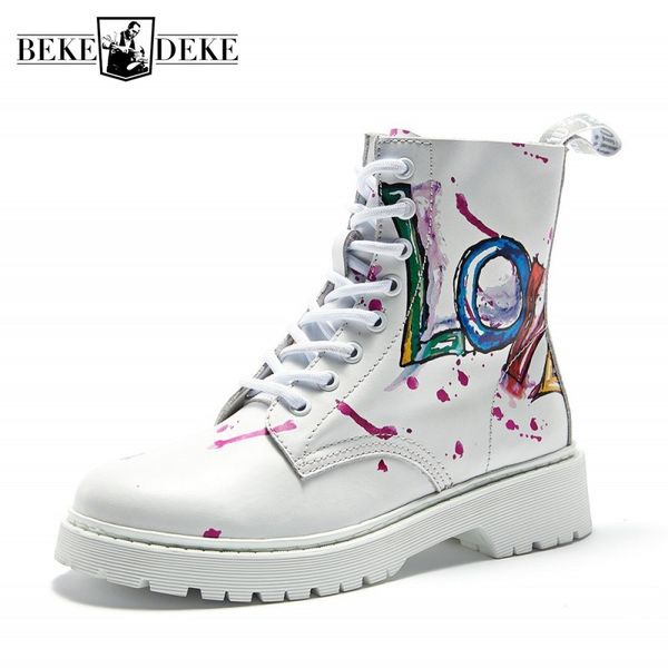 

fashion graffiti white ankle boots women england style 100% real leather platform boots street lace up cowhide high-shoes, Black