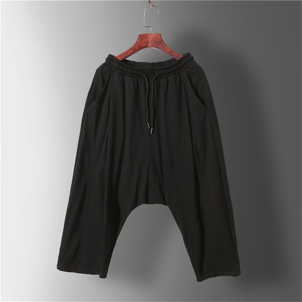 

japanese men cropped trousers loose pockets drawstring harem pants gothic darkness owen style oversize streetwear jogger elastic, Black