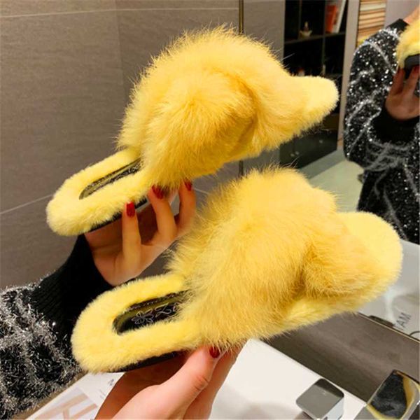 

women shoes fleece slippers lady wear new autumn winter fashion wild fur cross straps flat slides cute girlfriend gifts, Black