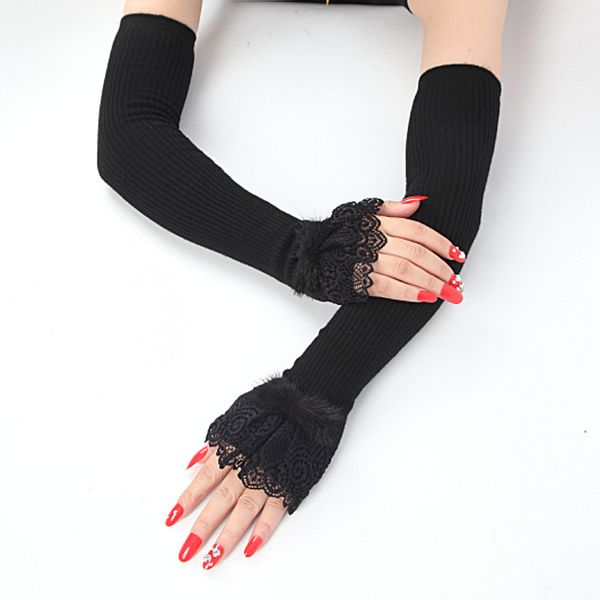 

fashion women autumn winter arm warmers cashmere fingerless long gloves lace warm mittens elbow thread knitted sleeves glove, Blue;gray
